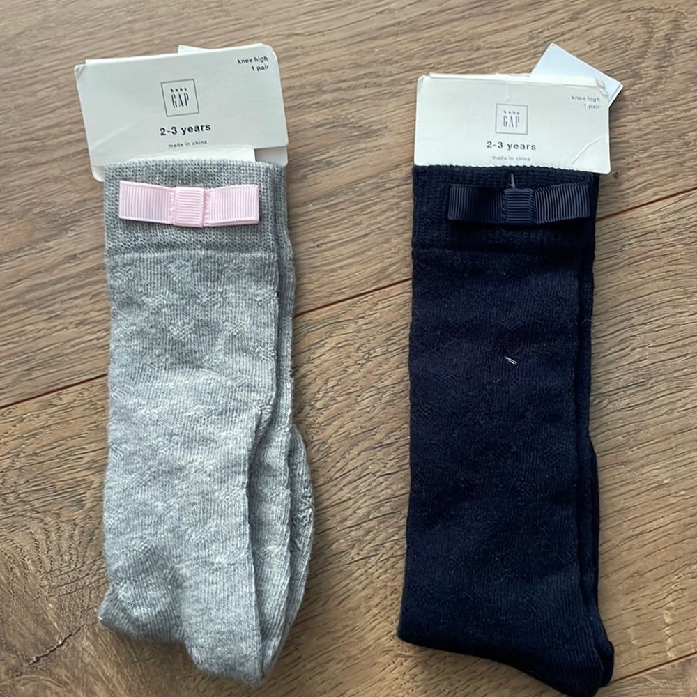 New BABY GAP knee high socks 2-3 years gray & pink & navy blue bow